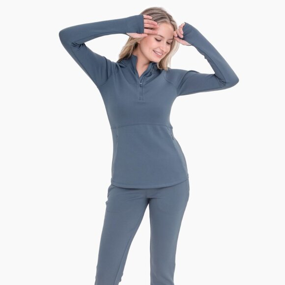 Slate Blue Jacquard Ribbed Mock Neck Active Top - Mono B - Picture 2 of 4